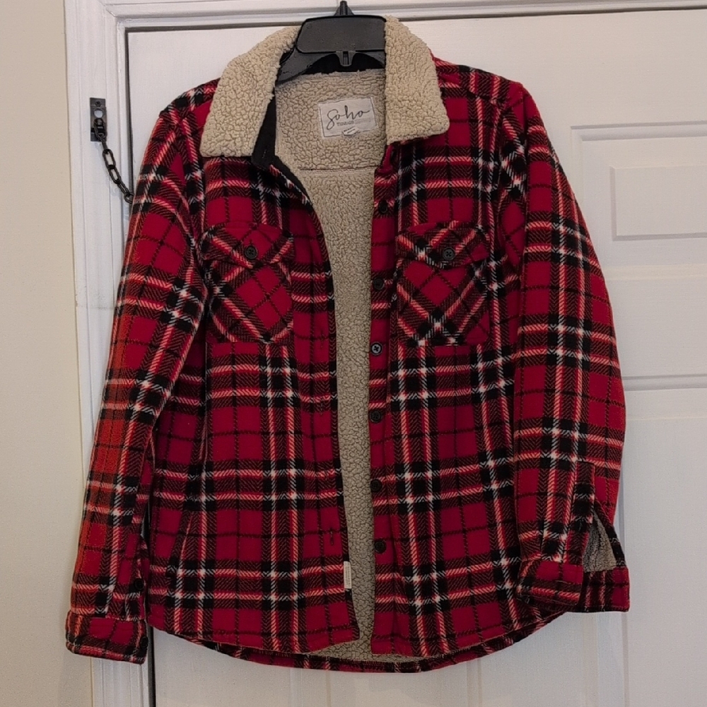 Soho Threads Red/Black/White Plaid Flannel Sherpa Jacket, Women's Medium